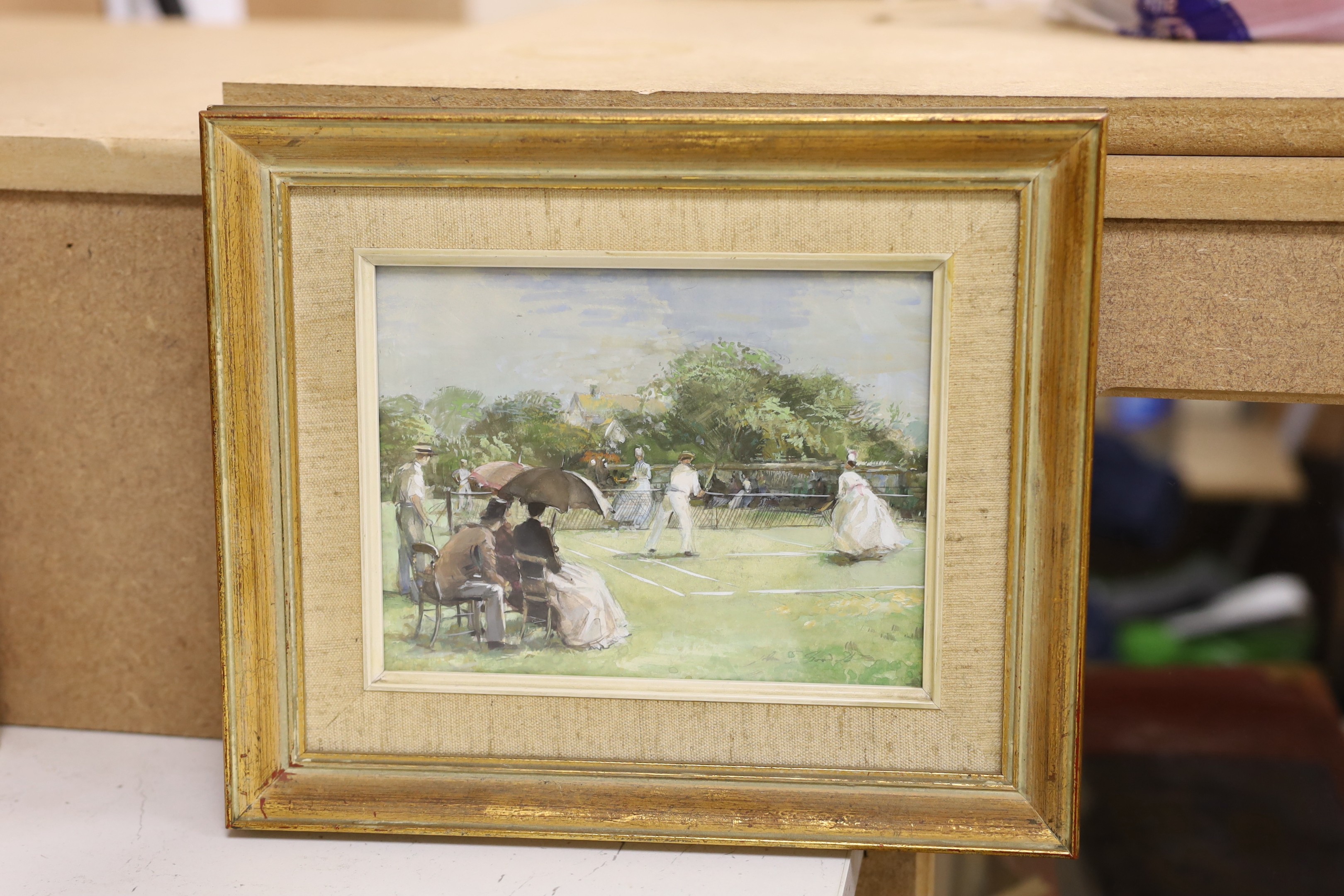 John Strickland Goodall (1908-1996), watercolour, Tennis, signed, 13.5 x 17.5cm